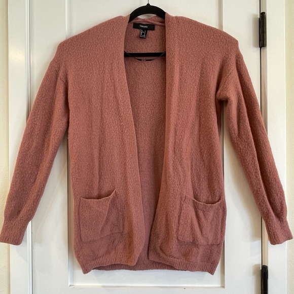 Forever 21 Sweaters - F21 Cardigan Open Sweater Pink Salmon S Fuzzy Pockets Barbie Soft‎ Girl Milkmaid